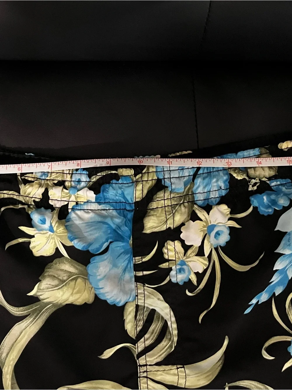 Black Floral Swim Shorts with Blue and Green Hibiscus Print